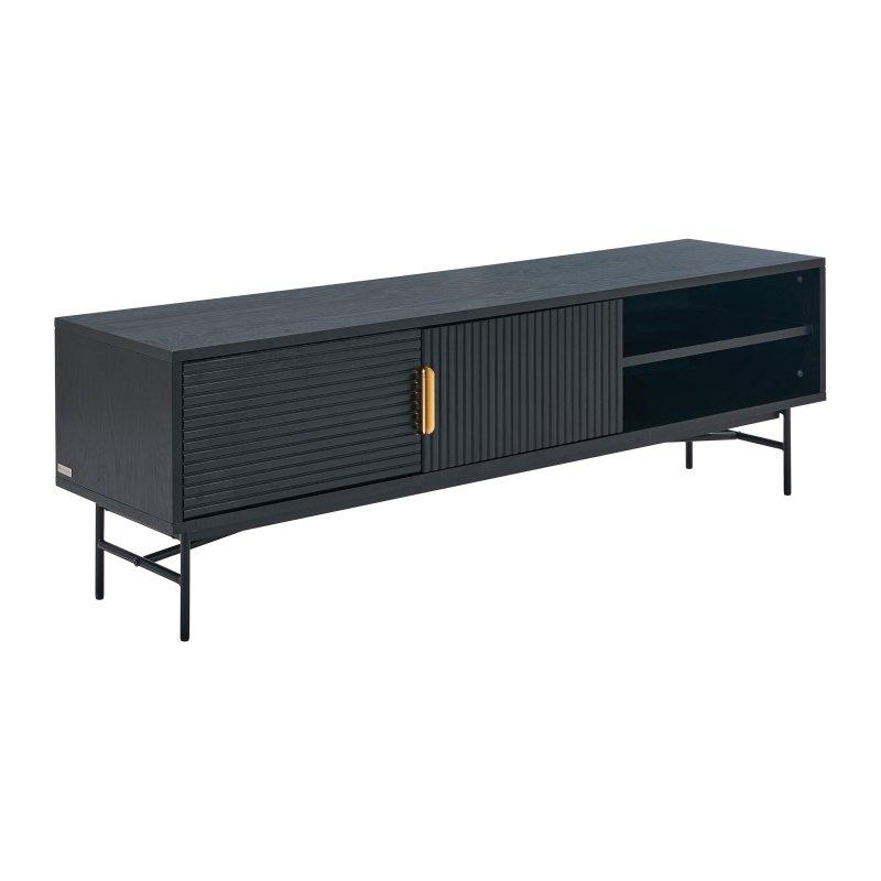 Meşe Kaplamalı ve Metal Detaylı Modern Siyah Altın TV Sehpası 160 cm