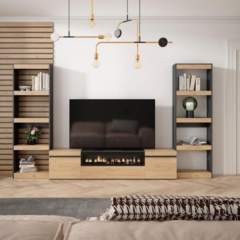 Meşe ve Siyah Ahşap LED Şömineli Modern TV Ünitesi 320 cm
