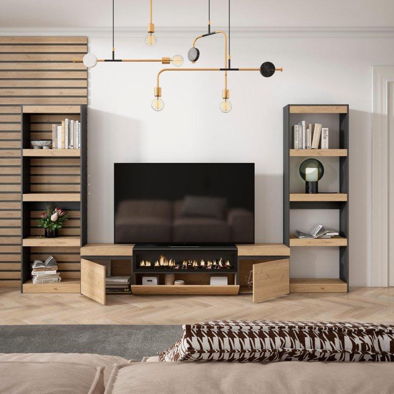 Meşe ve Siyah Ahşap LED Şömineli Modern TV Ünitesi 320 cm