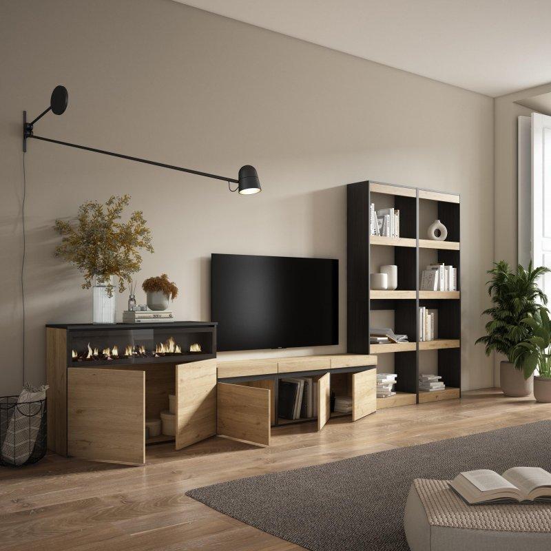 Meşe ve Siyah Modern Ahşap TV Ünitesi 370 cm