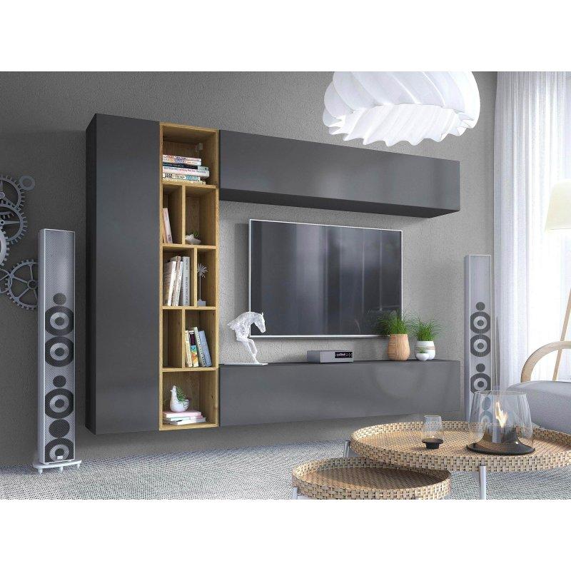 Modern Antrasit Gri ve Meşe Ahşap TV Ünitesi 220 cm