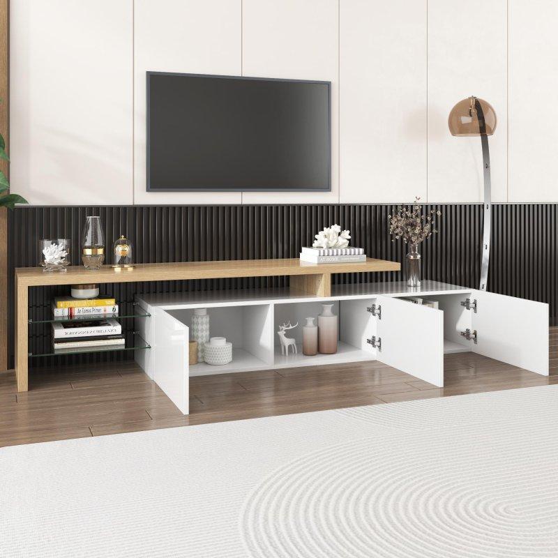 Modern Beyaz Ahşap 200 cm LEDli TV Sehpası