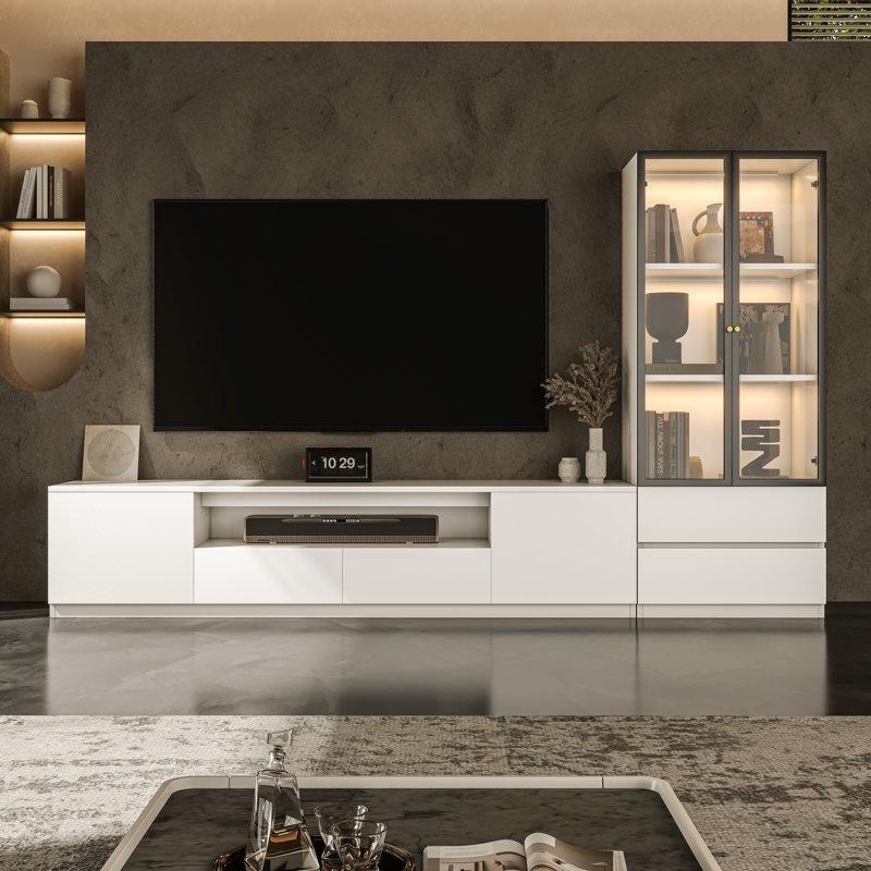 Modern Beyaz Camlı 102 cm Genişliğinde Kitaplıklı TV Ünitesi