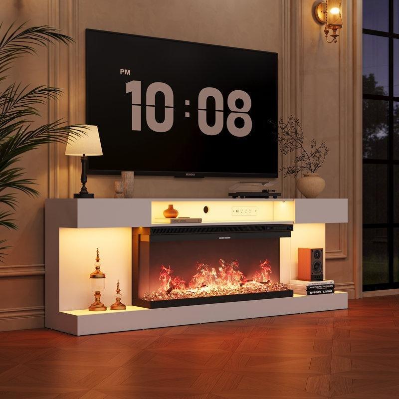 Modern Beyaz Şömineli 70 cm Endüstriyel Ahşap TV Ünitesi