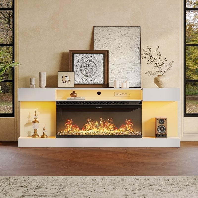 Modern Beyaz Şömineli 70 cm Endüstriyel Ahşap TV Ünitesi