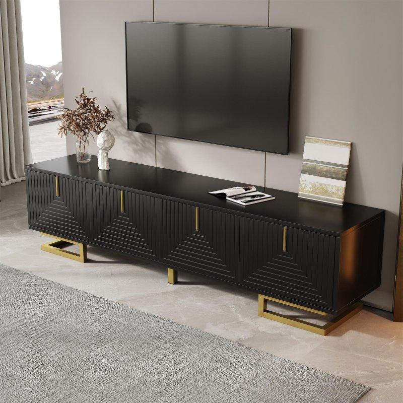 Modern Çizgili Siyah Altın Ayaklı TV Ünitesi 160 cm