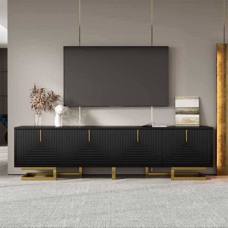 Modern Çizgili Siyah Altın Ayaklı TV Ünitesi 160 cm