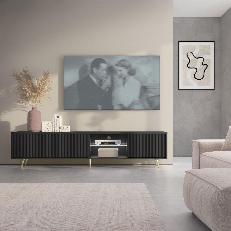 Modern Çizgili Siyah LEDli TV Sehpası 175 cm
