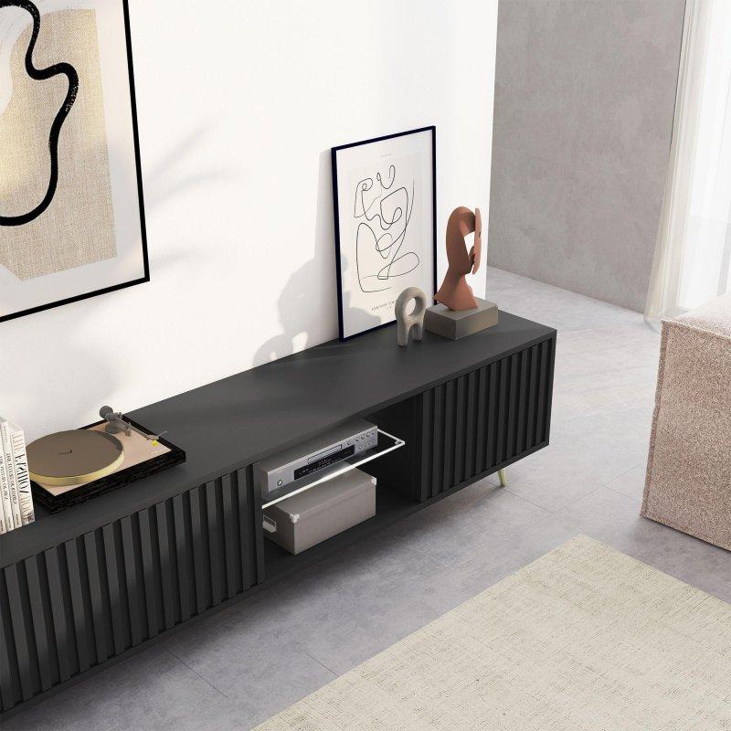 Modern Çizgili Siyah LEDli TV Sehpası 175 cm