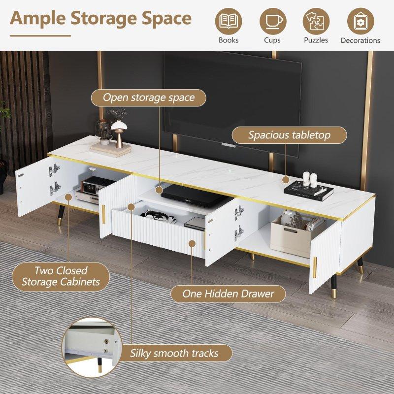 Modern Mermer Desenli Beyaz Altın Detaylı TV Ünitesi 200 cm