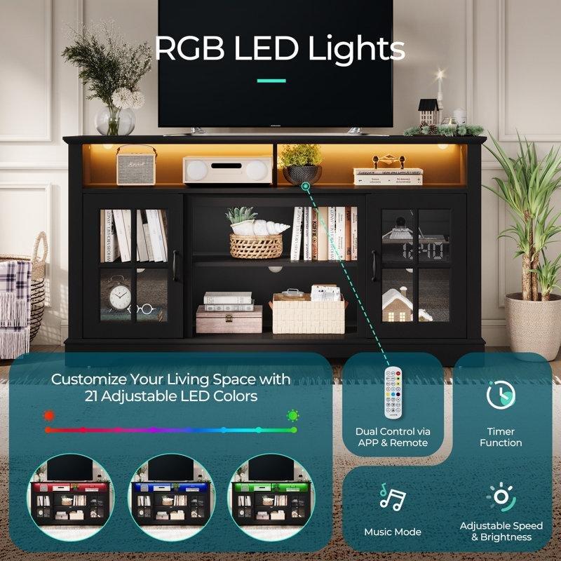 Modern Siyah Cam Kapılı 150 cm Dolaplı TV Ünitesi LED Aydınlatmalı - 78727
