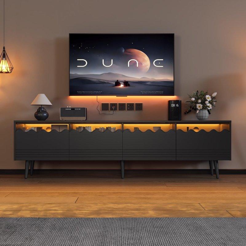 Modern Siyah Camlı LEDli 176 cm TV Sehpası