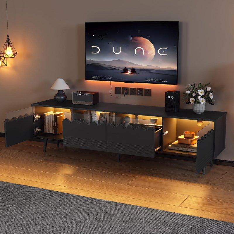 Modern Siyah Camlı LEDli 176 cm TV Sehpası