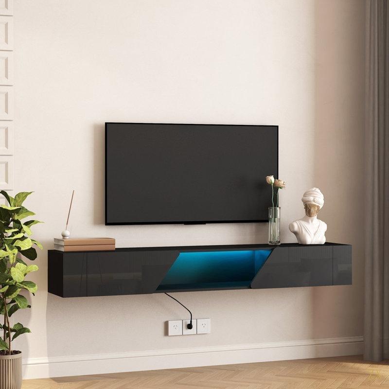 Modern Siyah Duvara Monte TV Ünitesi 176 cm LED Işıklı - 78487