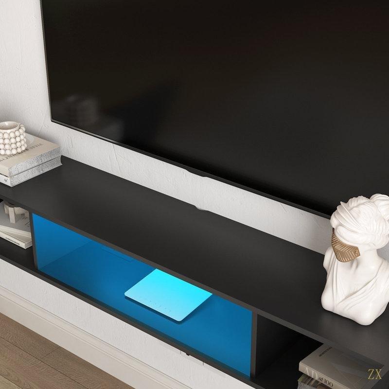 Modern Siyah Duvara Monte TV Ünitesi 176 cm LED Işıklı - 78487