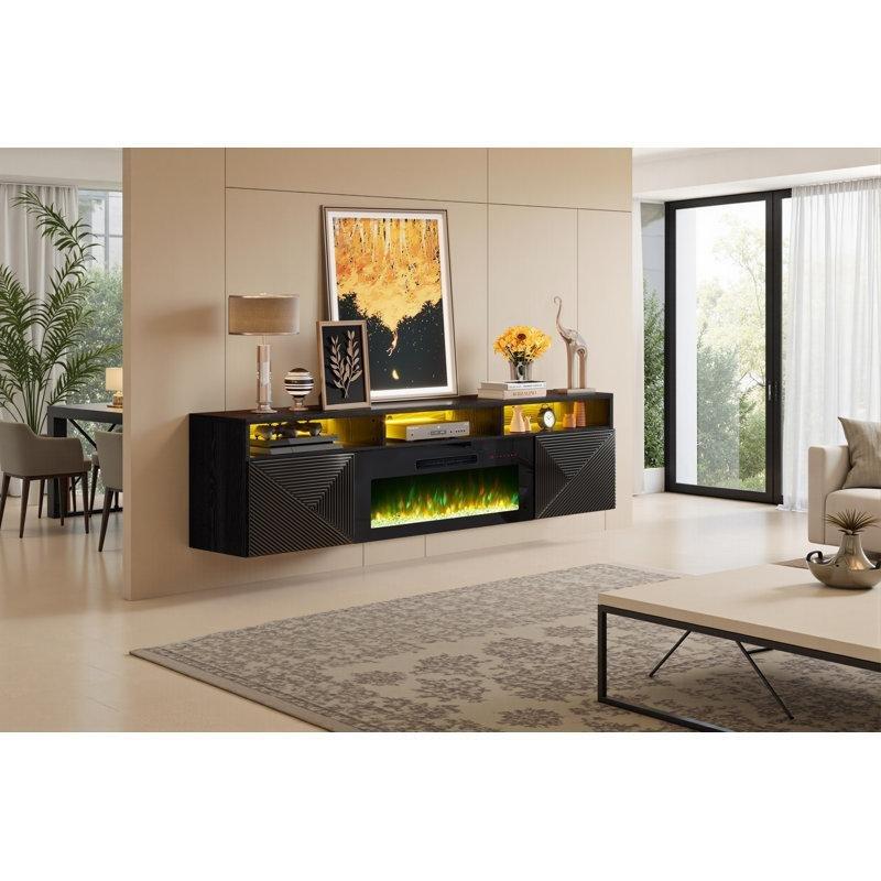 Modern Siyah Endüstriyel Ahşap LED Şömineli 180 cm TV Ünitesi