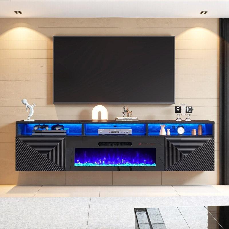 Modern Siyah Endüstriyel Ahşap LED Şömineli 180 cm TV Ünitesi