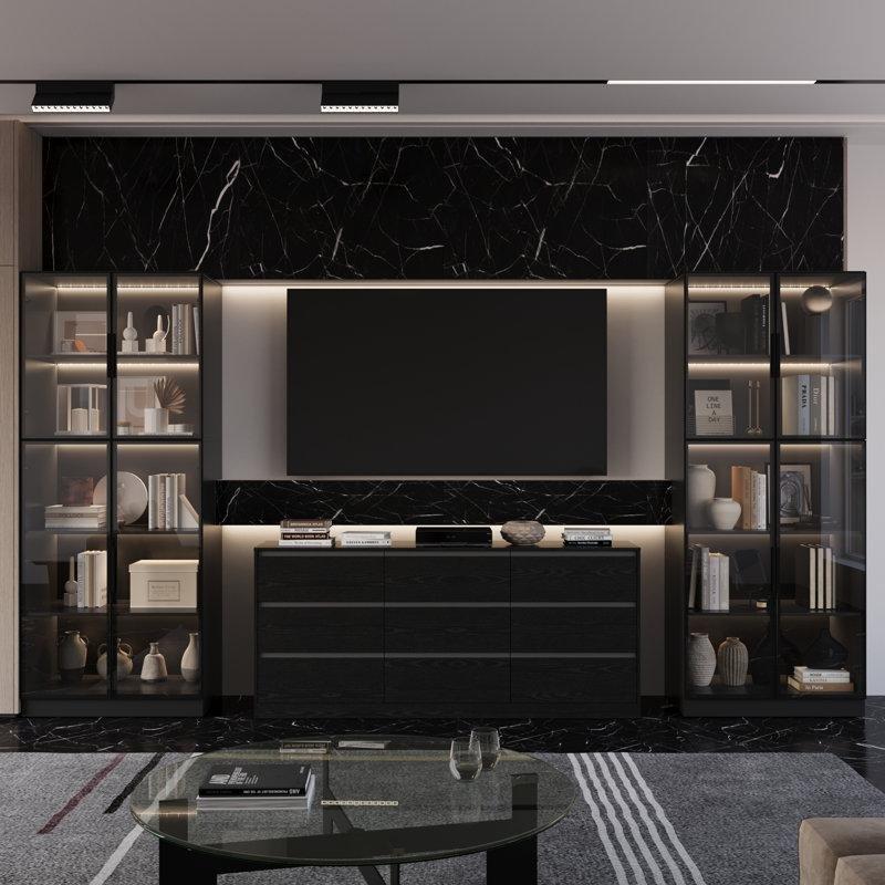 Modern Siyah Mermer Desenli Kitaplıklı 200 cm TV Ünitesi