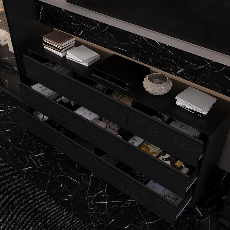 Modern Siyah Mermer Desenli Kitaplıklı 200 cm TV Ünitesi