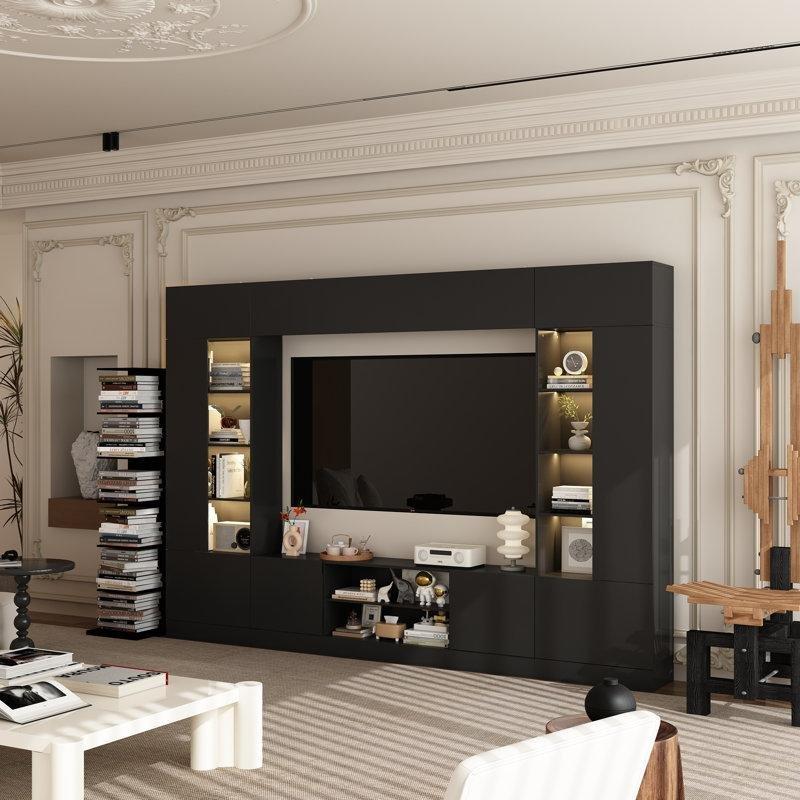 Modern Siyah Mermer Desenli Kitaplıklı 300 cm TV Ünitesi
