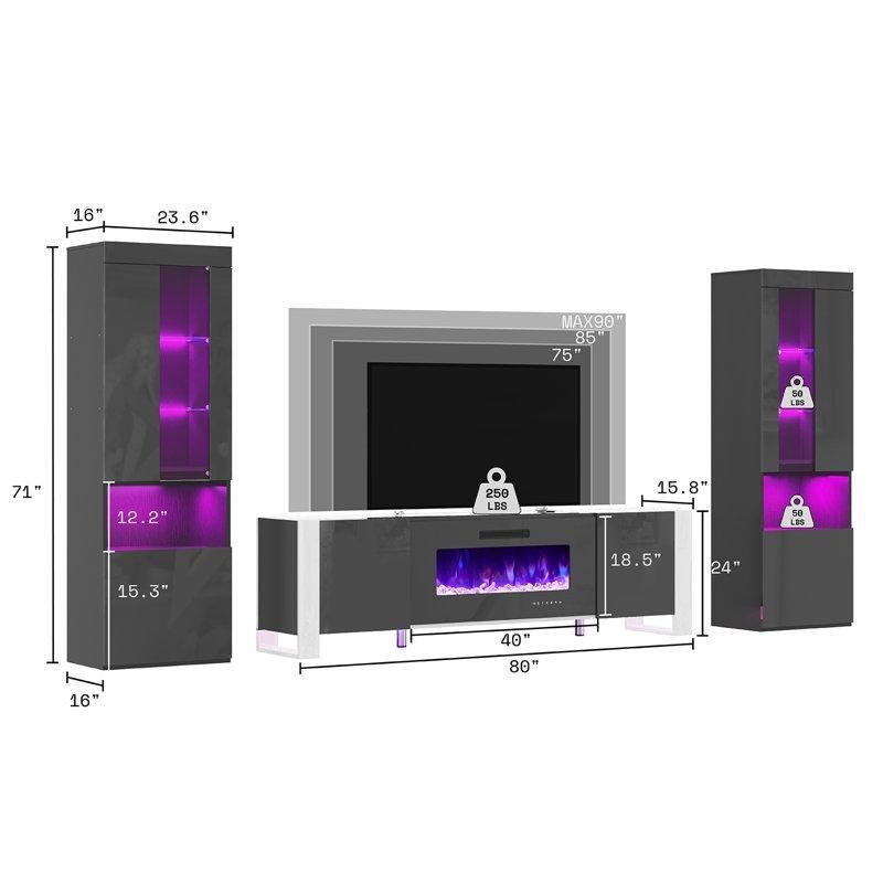 Modern Siyah Parlak Elektrikli Şömineli 3 Parçalı Dolaplı TV Ünitesi - 78736
