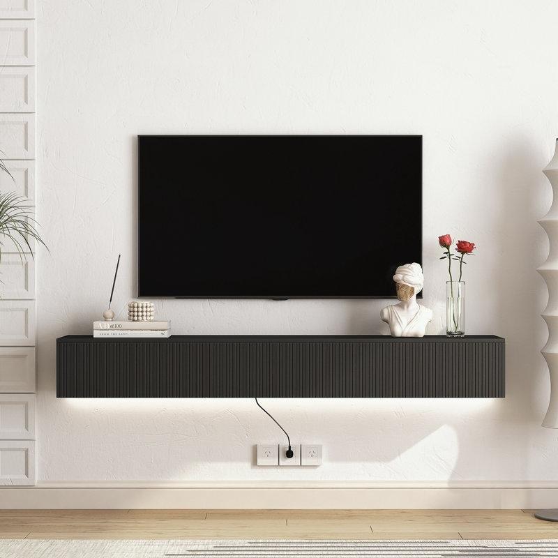 Orta Yüzyıl Tasarımlı Açık Meşe Duvara Monte TV Ünitesi 174 cm LED Aydınlatmalı - 78508