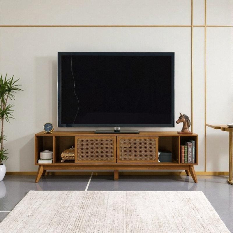 Orta Yüzyıl Tasarımlı Hasır Kapılı Ceviz Rengi Ahşap Ayaklı 172 cm Bohem TV Ünitesi