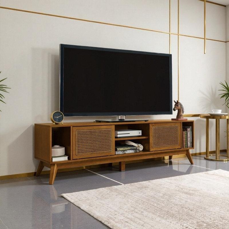 Orta Yüzyıl Tasarımlı Hasır Kapılı Ceviz Rengi Ahşap Ayaklı 172 cm Bohem TV Ünitesi