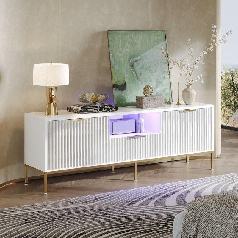 Parlak Beyaz Dalga Desenli 140 cm Gold Ayaklı TV Ünitesi - 79327