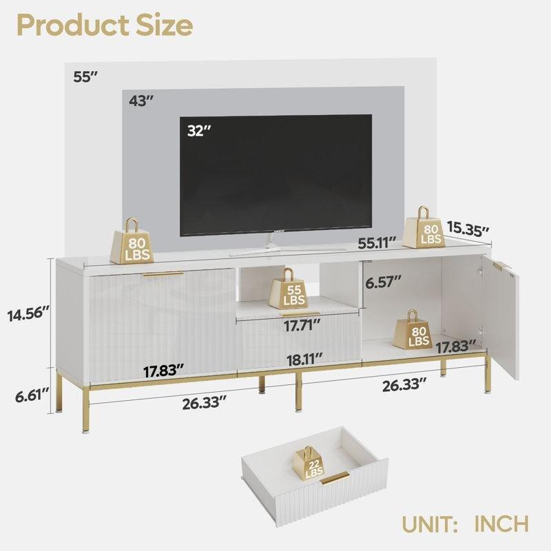 Parlak Beyaz Dalga Desenli 140 cm Gold Ayaklı TV Ünitesi - 79327
