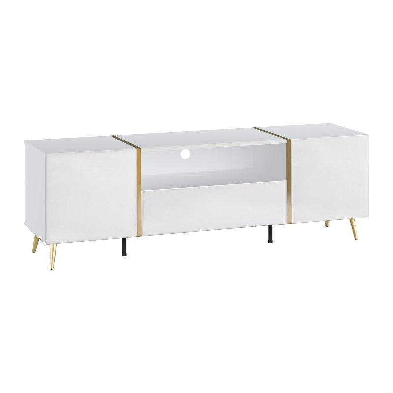 Parlak Beyaz ve Altın Detaylı Modern TV Sehpası 160 cm