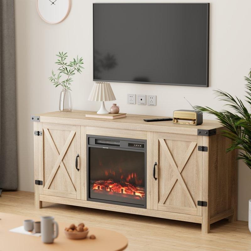 Rustik Ahşap Desenli Şömineli 65 inç TV Ünitesi