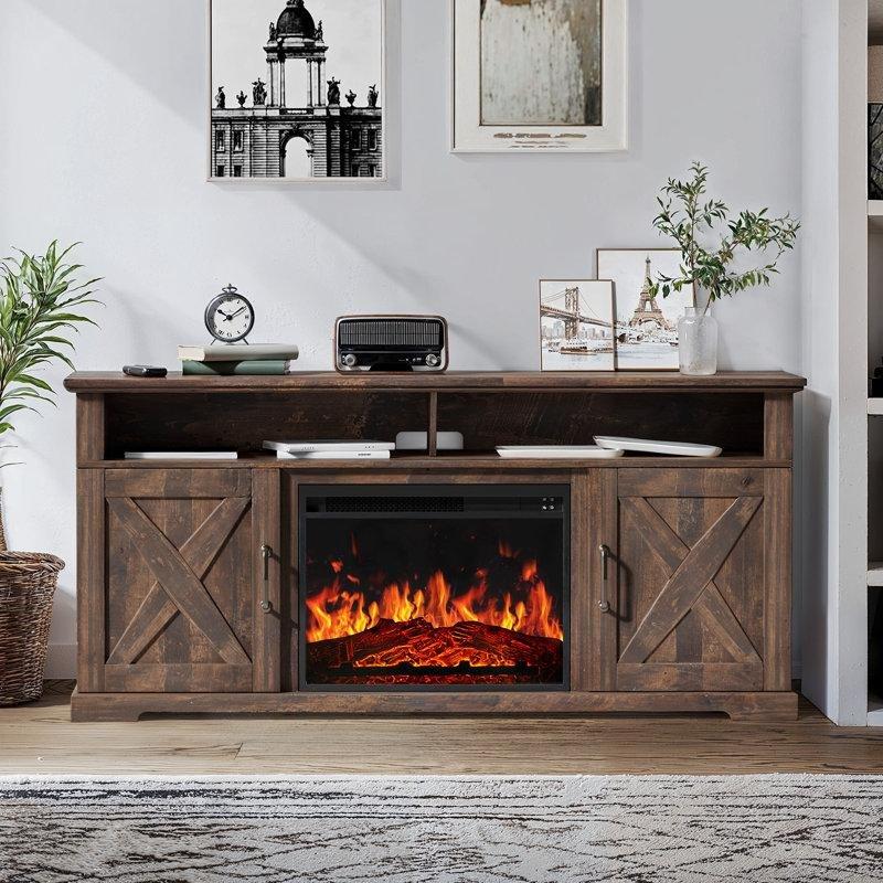 Rustik Ahşap Gri Şömineli 75 cm TV Ünitesi