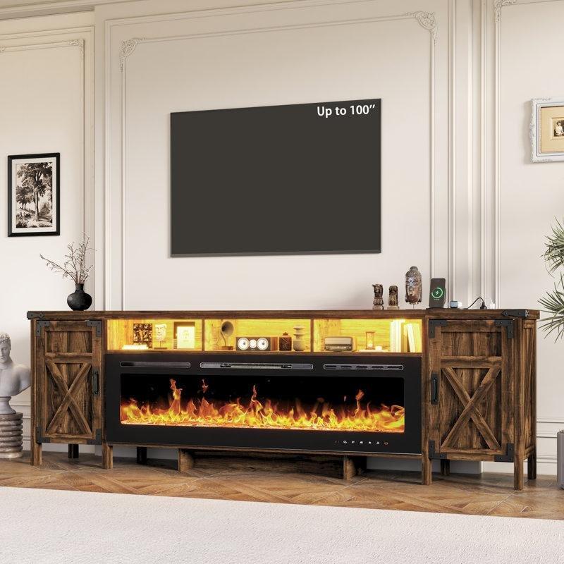 Rustik Ahşap Şömineli 240 cm TV Ünitesi