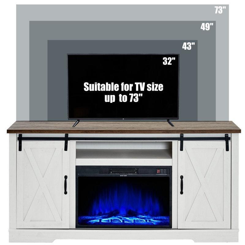 Rustik Beyaz Çift Sürgülü Kapaklı Şömineli TV Ünitesi 160 cm