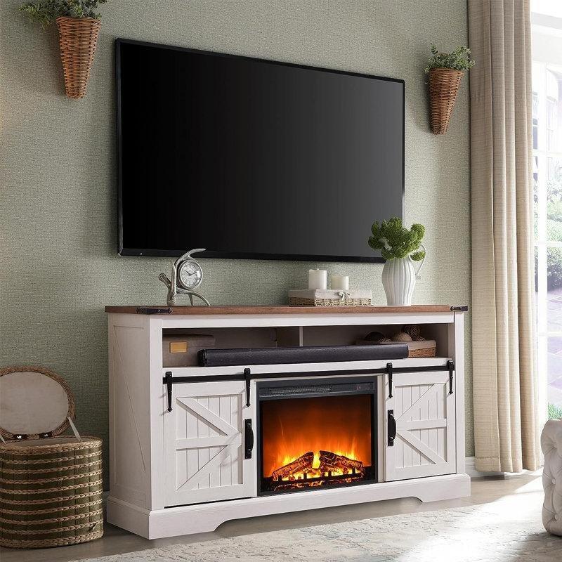 Rustik Beyaz Çift Sürgülü Kapılı Şömineli TV Ünitesi 152x40x84 cm