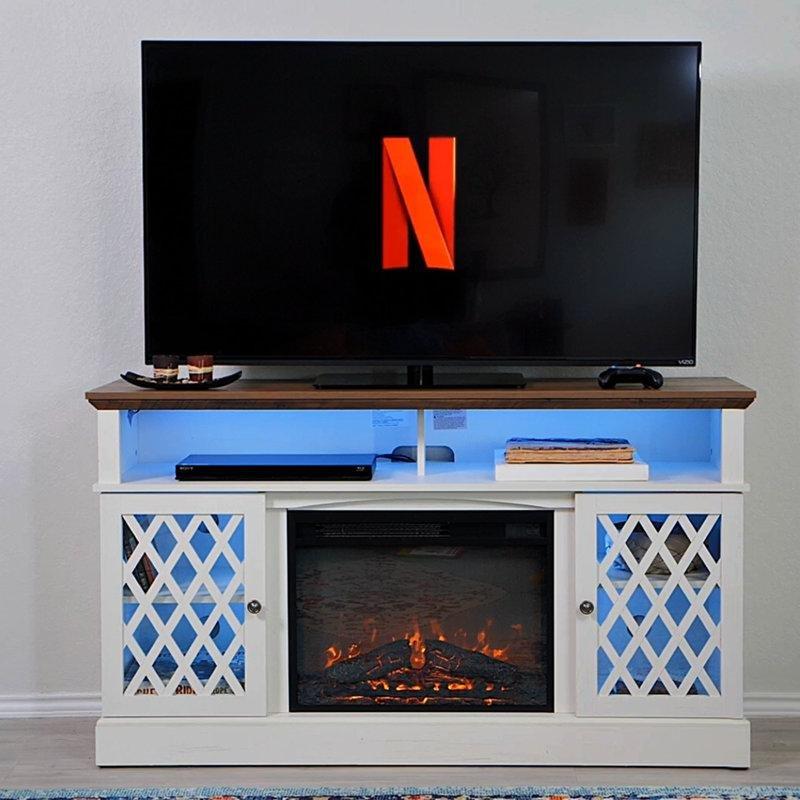 Rustik Beyaz Mavi Çizgili Şömineli TV Ünitesi 56 cm