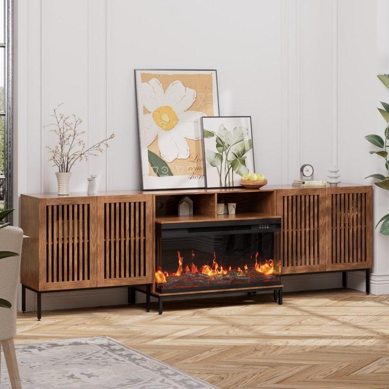 Rustik Kahverengi Endüstriyel Ahşap Şömineli 100 İnç TV Ünitesi