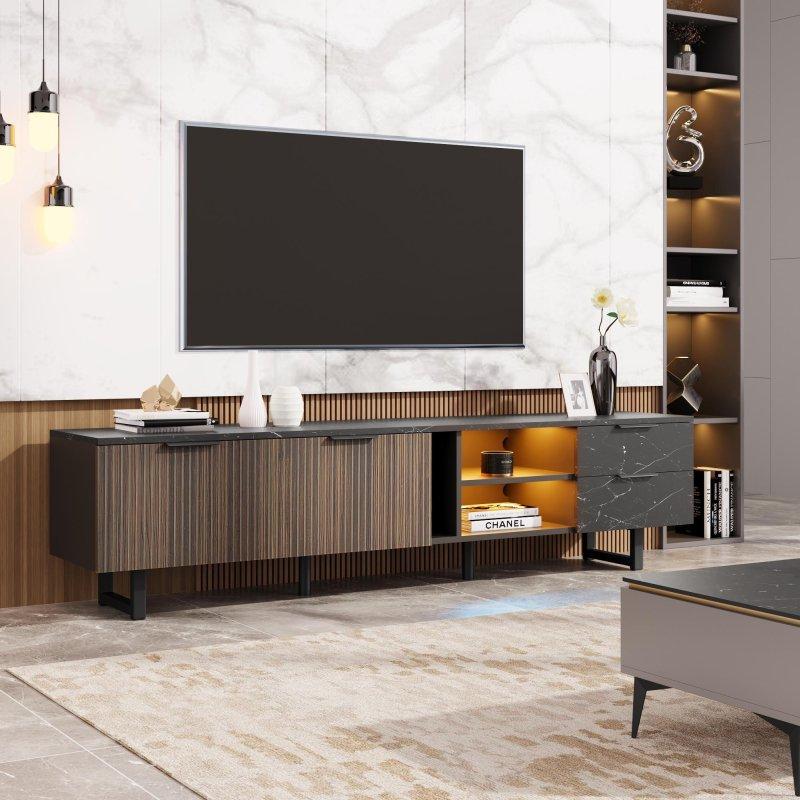 Siyah Ahşap Dokulu LEDli TV Ünitesi 200 cm