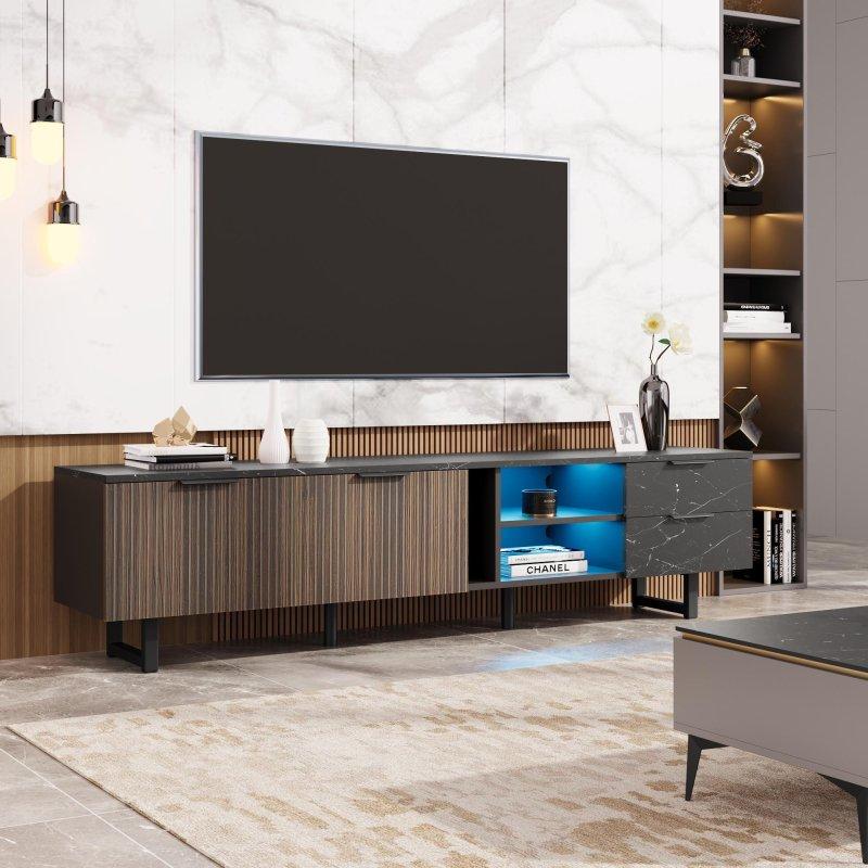 Siyah Ahşap Dokulu LEDli TV Ünitesi 200 cm