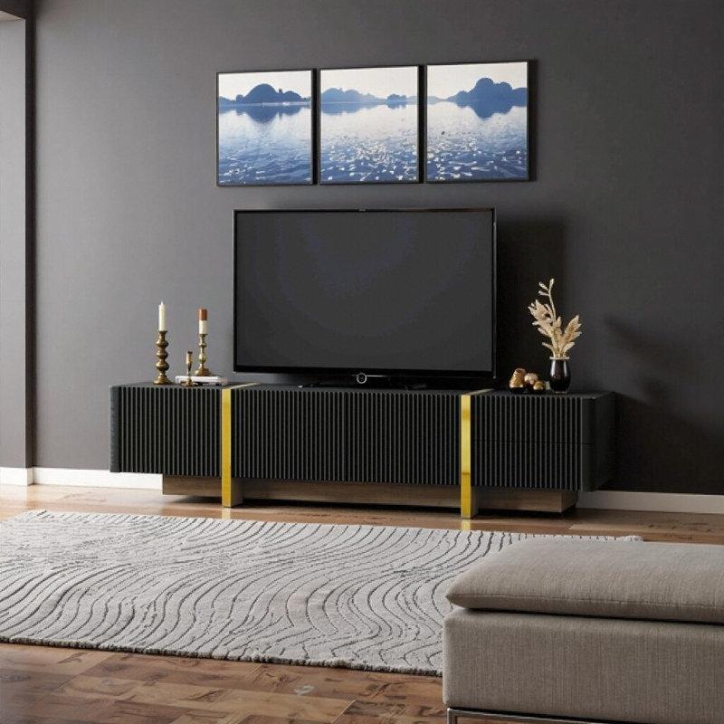 Siyah Altın Aksesuarlı Flüt Desenli 190 cm TV Ünitesi - 79351