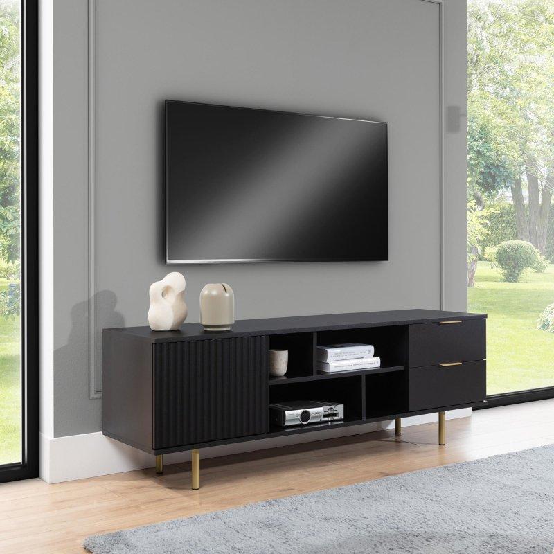 Siyah Çizgili TV Ünitesi Altın Ayaklı 150x52 cm - 78925
