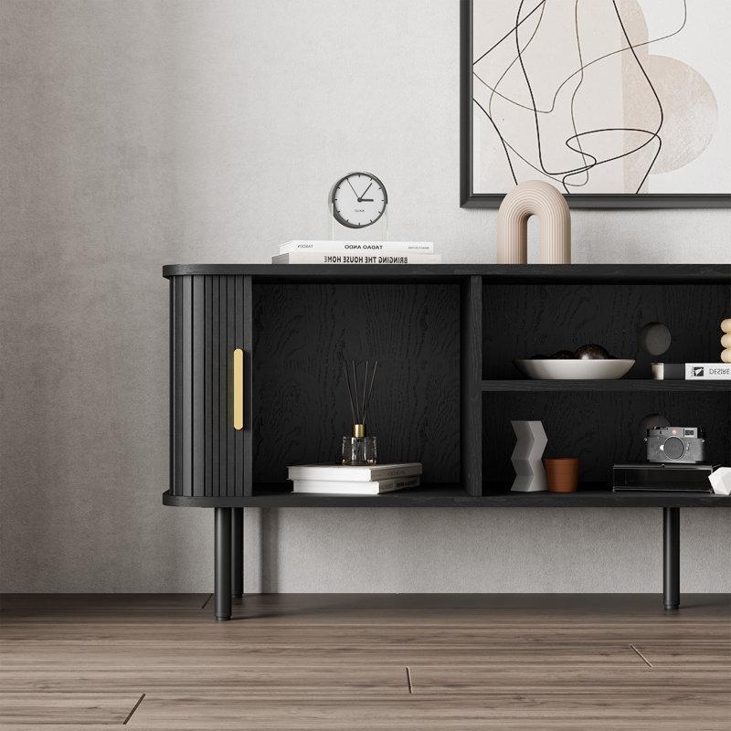 Siyah Endüstriyel Ahşap 120 cm Gözlemeli Kapılı Mini TV Ünitesi - 80260