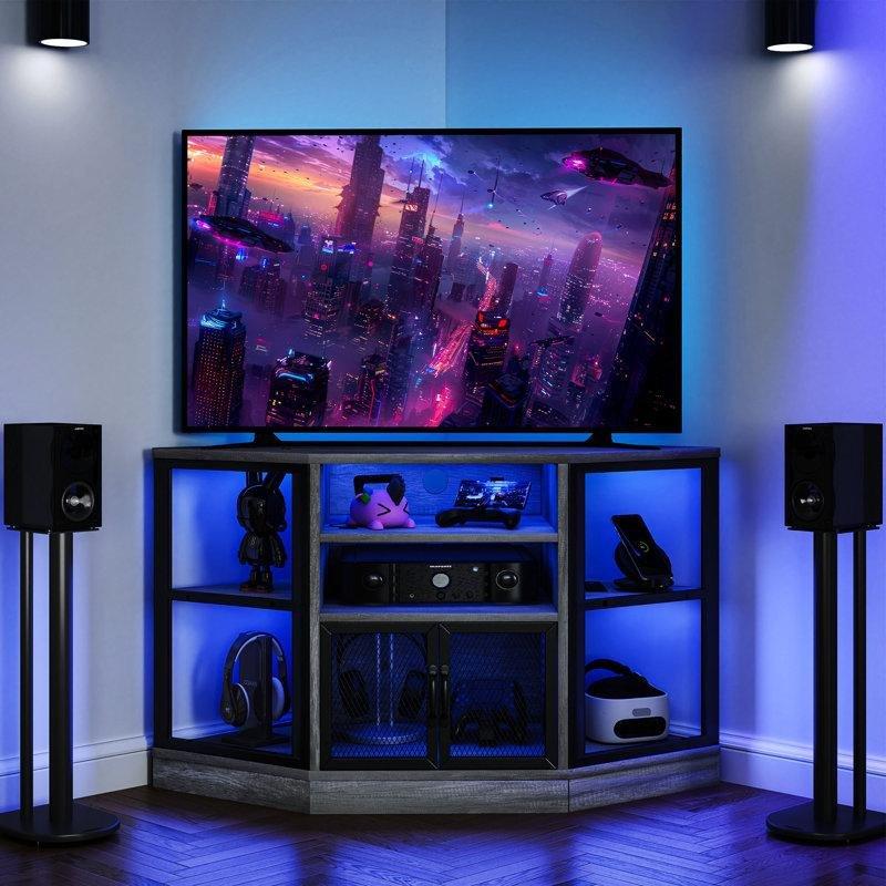 Siyah Endüstriyel Ahşap 120 cm Köşe TV Ünitesi LED Aydınlatmalı
