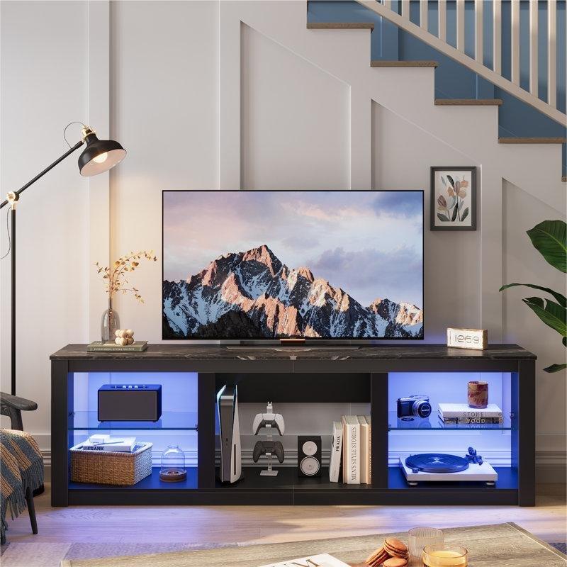 Siyah Endüstriyel Ahşap 180 cm Dolaplı TV Ünitesi Ayarlanabilir Cam Raflarla ve LED Işıklandırma - 78721
