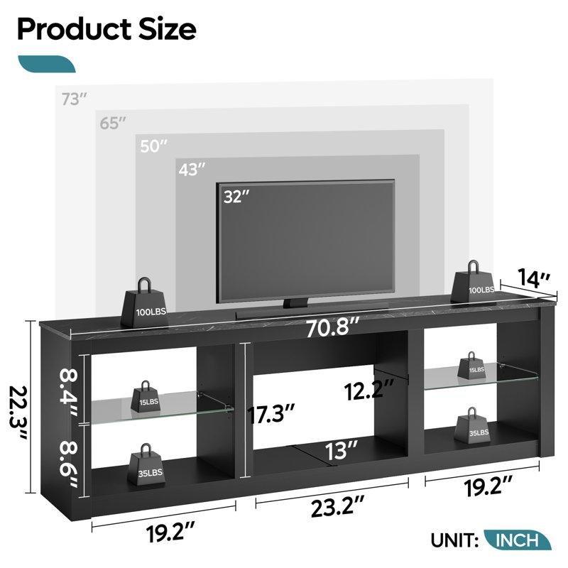 Siyah Endüstriyel Ahşap 180 cm Dolaplı TV Ünitesi Ayarlanabilir Cam Raflarla ve LED Işıklandırma - 78721