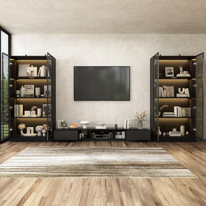 Siyah Endüstriyel Ahşap Cam Camlı Dolaplı TV Ünitesi 160x160 cm 3 Parçalı LED Aydınlatmalı - 78799