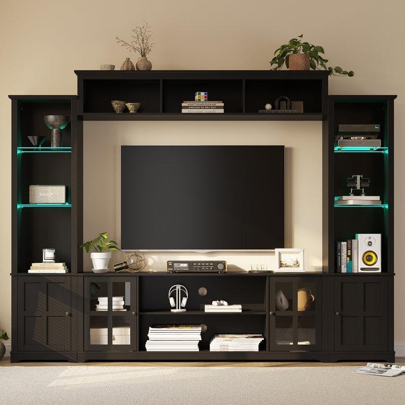 Siyah Endüstriyel Ahşap Kitaplıklı 65 TV Ünitesi LED Aydınlatmalı 260 cm