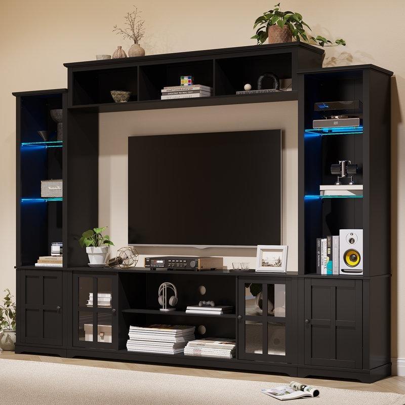 Siyah Endüstriyel Ahşap Kitaplıklı 65 TV Ünitesi LED Aydınlatmalı 260 cm