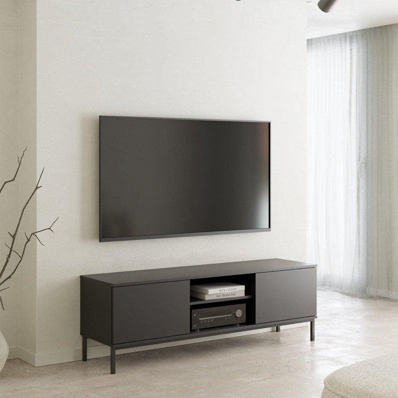 Siyah Endüstriyel Ahşap TV Ünitesi 150x50 cm Açık Kapalı Raflı - 79066